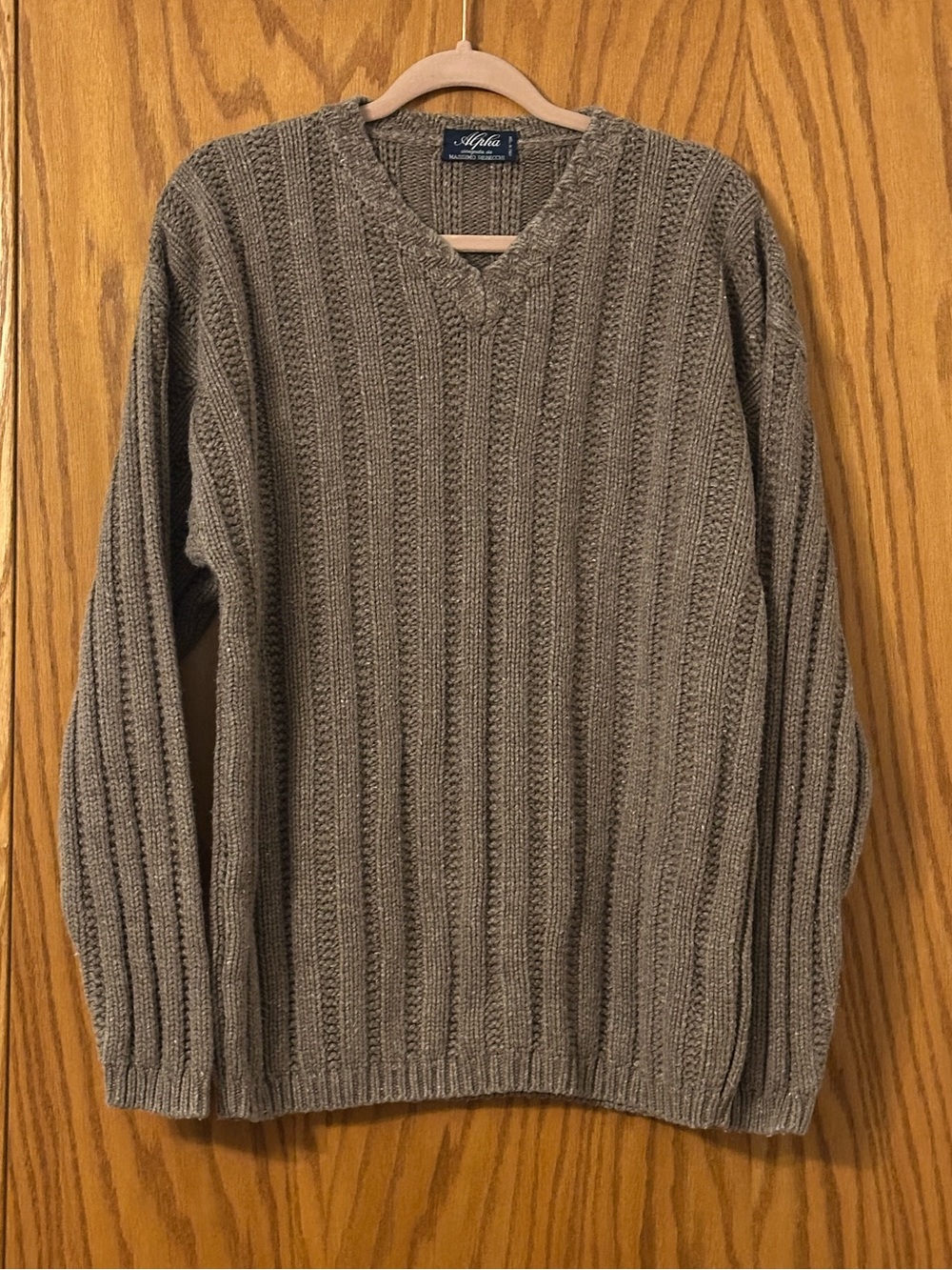 Alpha Massimo Rebecchi Men's Taupe Ribbed V-Neck Sweater - Size L (estimated)